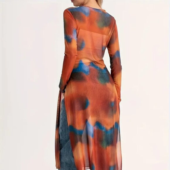 Red Orange Split Hem Tie Dye Overlay Top - Picture 3 of 4
